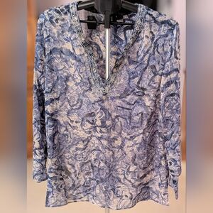Chico's Artistic Blue and Cream Blouse With Bejeweled Neckline
